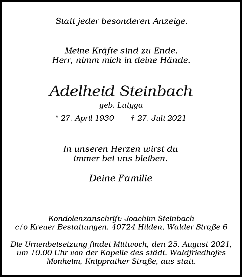  Traueranzeige für Adelheid Steinbach vom 07.08.2021 aus WVW/ORA