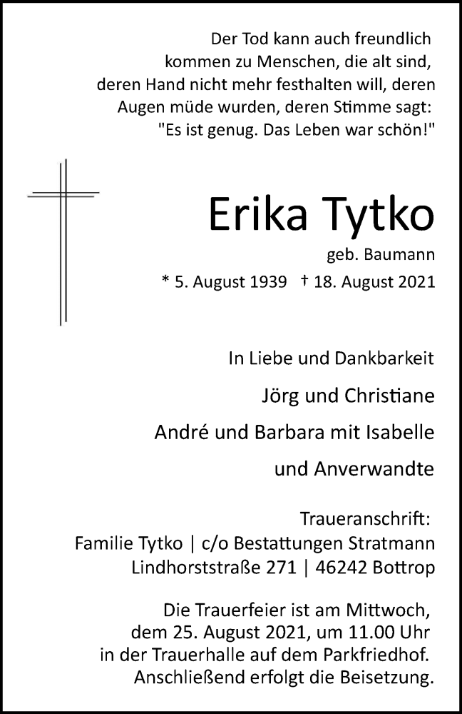  Traueranzeige für Erika Tytko vom 25.08.2021 aus WVW/ORA