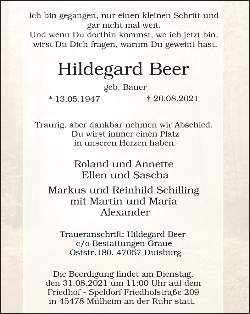  Traueranzeige für Hildegard Beer vom 28.08.2021 aus WVW/ORA
