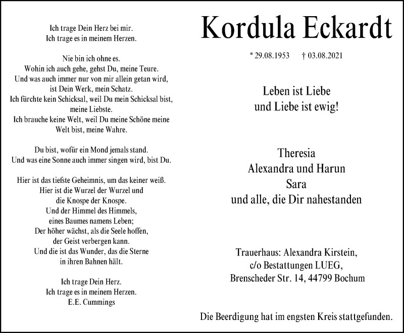 Traueranzeige für Kordula Eckardt vom 14.08.2021 aus WVW/ORA