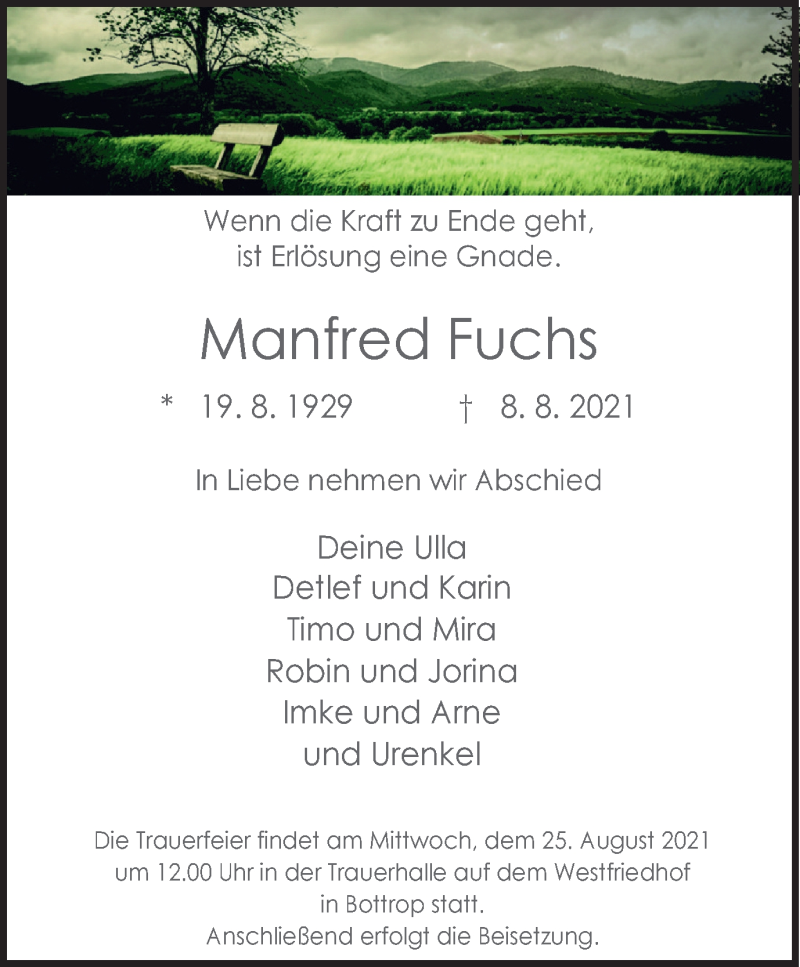  Traueranzeige für Manfred Fuchs vom 18.08.2021 aus WVW/ORA