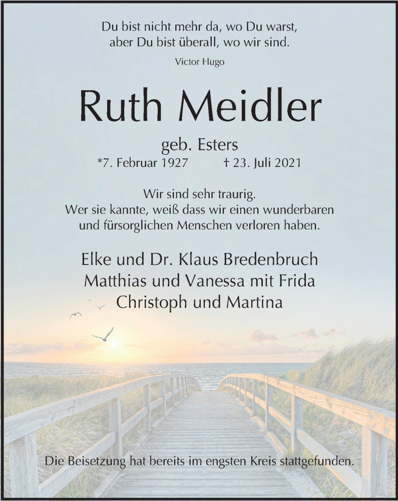  Traueranzeige für Ruth Meidler vom 14.08.2021 aus WVW/ORA