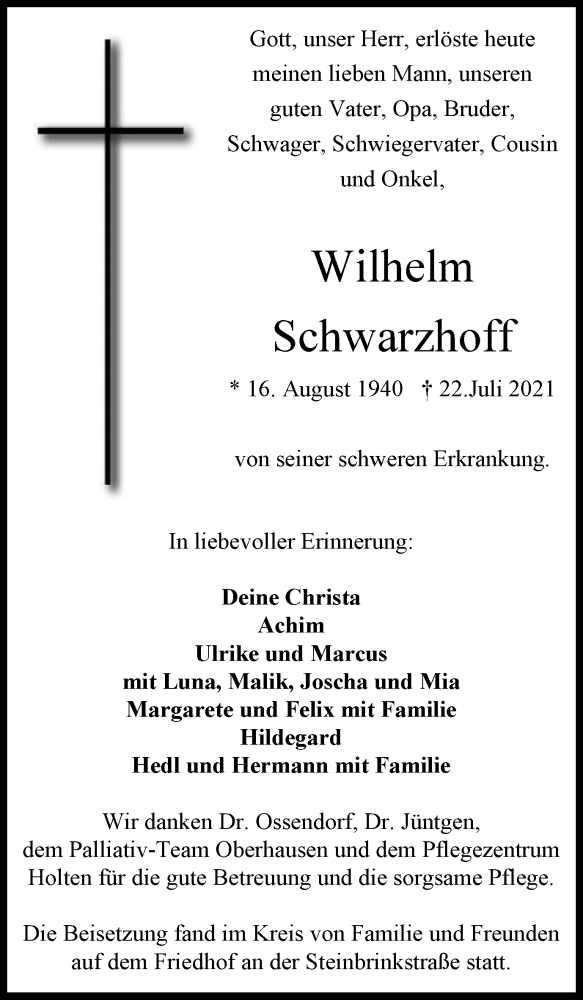  Traueranzeige für Wilhelm Schwarzhoff vom 07.08.2021 aus WVW/ORA