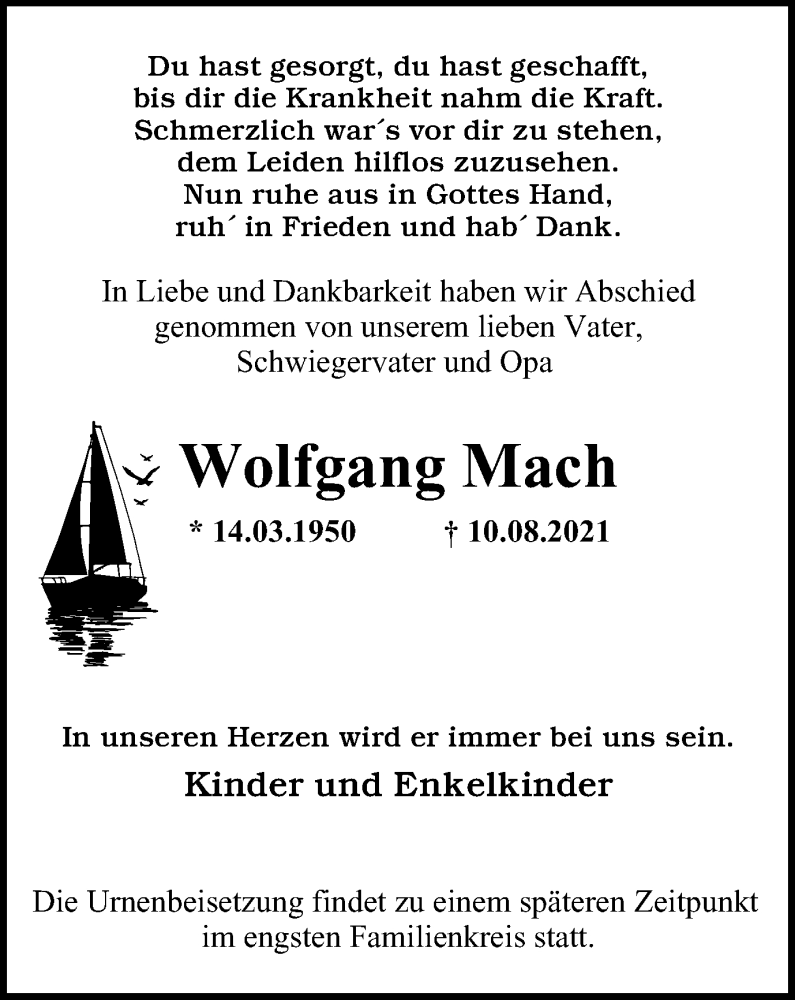  Traueranzeige für Wolfgang Mach vom 18.08.2021 aus WVW/ORA