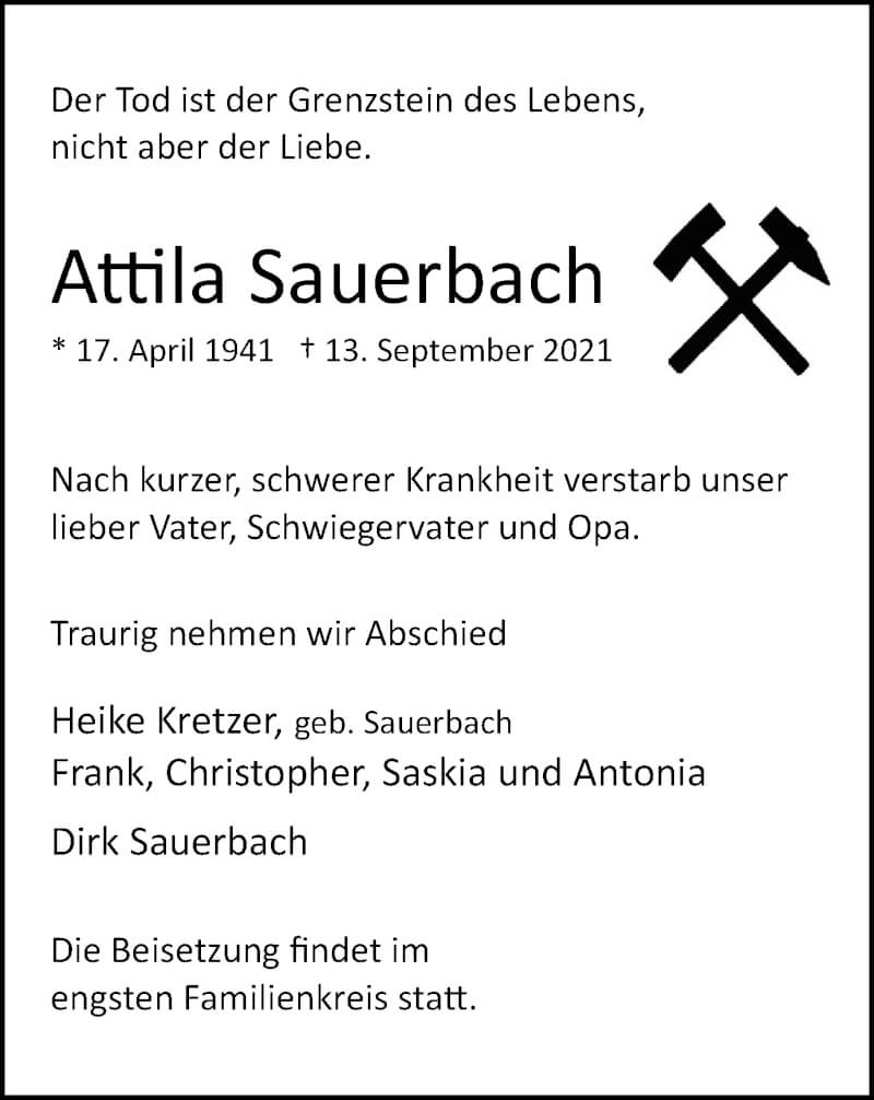  Traueranzeige für Attila Sauerbach vom 18.09.2021 aus WVW/ORA