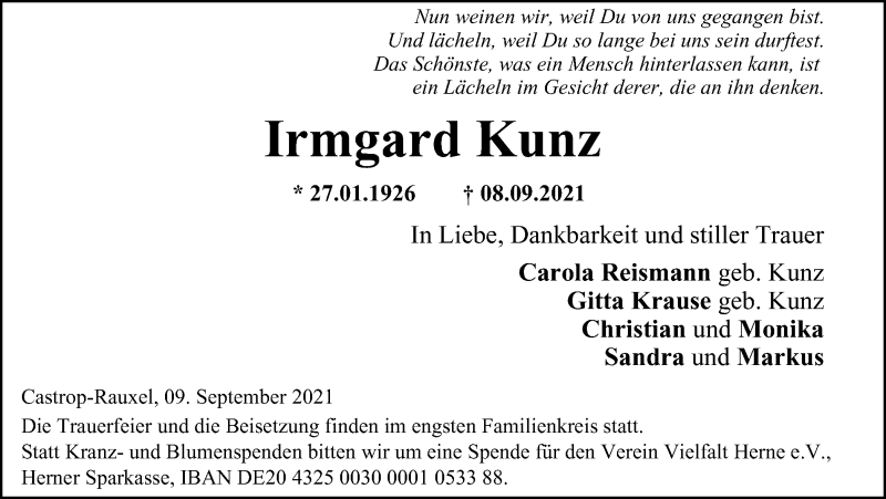  Traueranzeige für Irmgard Kunz vom 11.09.2021 aus WVW/ORA