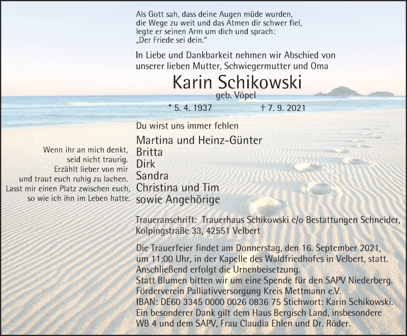  Traueranzeige für Karin Schikowski vom 11.09.2021 aus WVW Anzeigenblätter