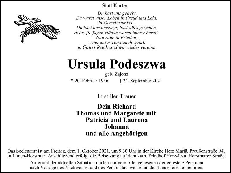  Traueranzeige für Ursula Podeszwa vom 29.09.2021 aus WVW/ORA