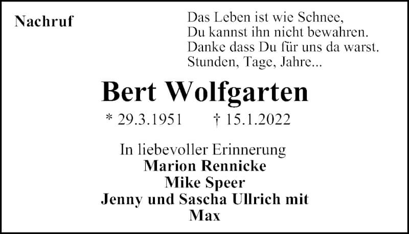  Traueranzeige für Bert Wolfgarten vom 29.01.2022 aus WVW/ORA
