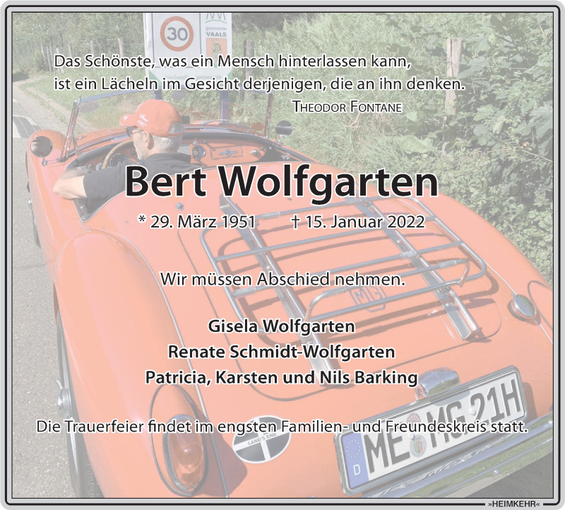  Traueranzeige für Bert Wolfgarten vom 22.01.2022 aus WVW/ORA