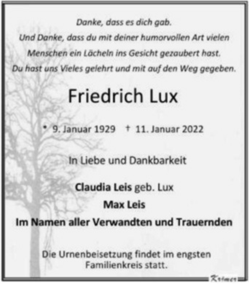  Traueranzeige für Friedrich Lux vom 22.01.2022 aus WVW/ORA