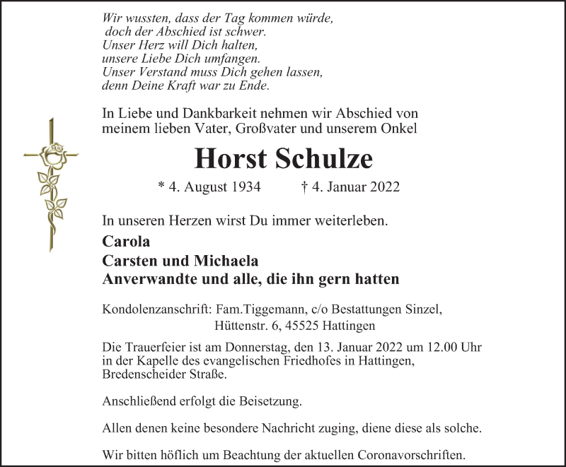  Traueranzeige für Horst Schulze vom 08.01.2022 aus WVW/ORA