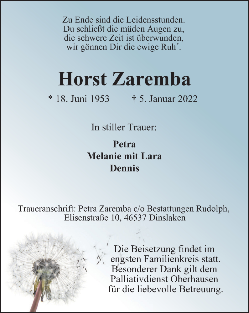  Traueranzeige für Horst Zaremba vom 08.01.2022 aus WVW/ORA