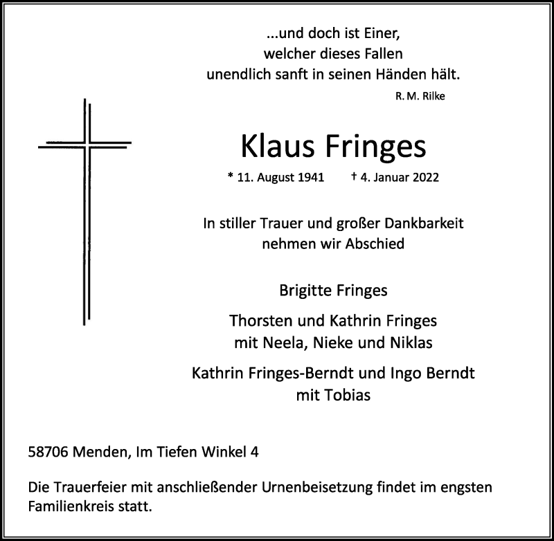  Traueranzeige für Klaus Fringes vom 08.01.2022 aus WVW/ORA