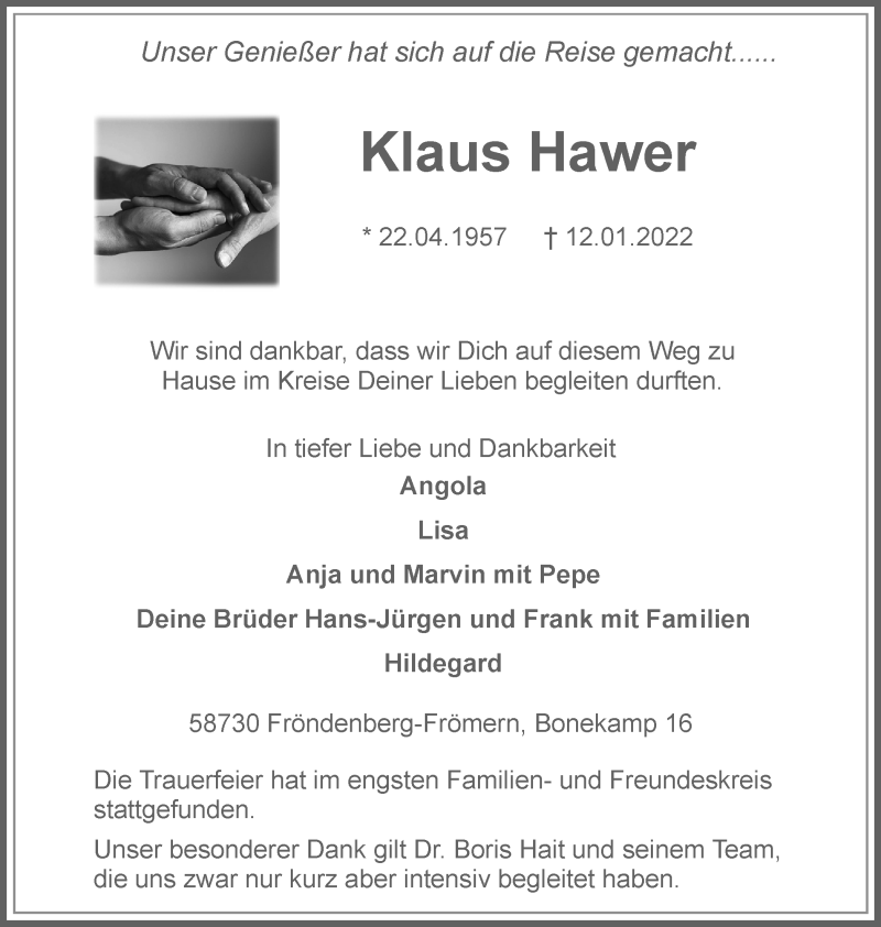  Traueranzeige für Klaus Hawer vom 26.01.2022 aus WVW/ORA