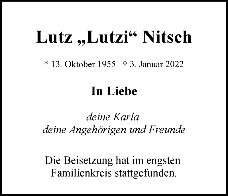  Traueranzeige für Lutz Nitsch vom 08.01.2022 aus WVW/ORA
