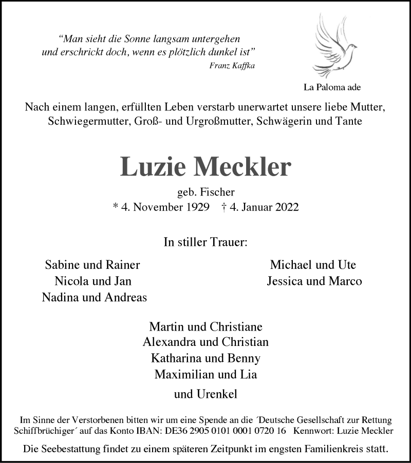  Traueranzeige für Luzie Meckler vom 08.01.2022 aus WVW/ORA