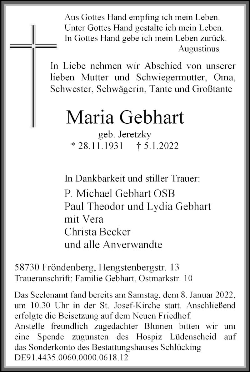  Traueranzeige für Maria Gebhart vom 15.01.2022 aus WVW/ORA