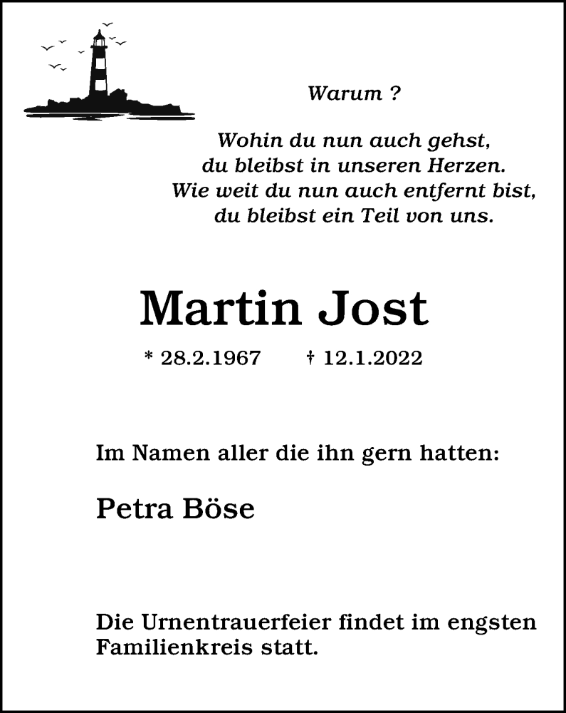  Traueranzeige für Martin Jost vom 26.01.2022 aus WVW/ORA