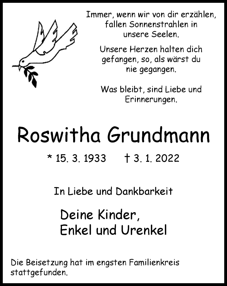  Traueranzeige für Roswitha Grundmann vom 22.01.2022 aus WVW/ORA