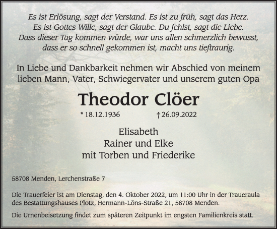 Traueranzeige von Theodor Clöer von WVW/ORA