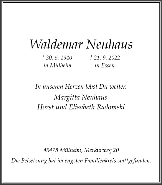 Traueranzeige von Waldemar Neuhaus von WVW/ORA