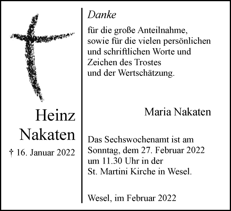  Traueranzeige für Heinz Nakaten vom 26.02.2022 aus WVW/ORA