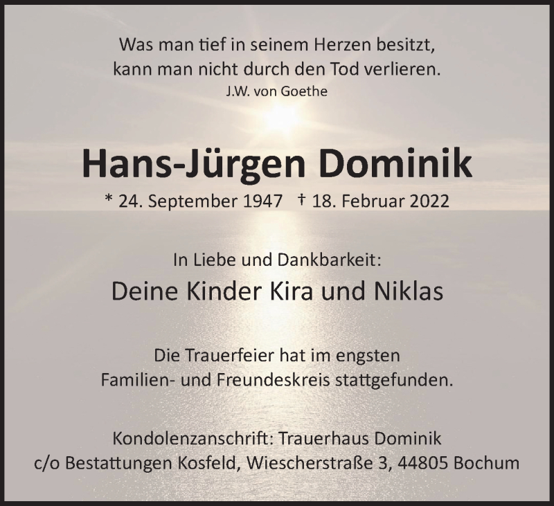  Traueranzeige für Hans-Jürgen Dominik vom 12.03.2022 aus WVW/ORA