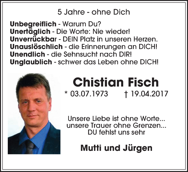  Traueranzeige für Christian Fisch vom 23.04.2022 aus Wochenblatt Herne/Wanne-Eickel