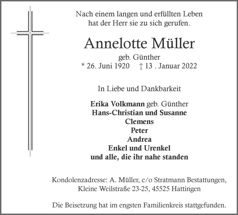  Traueranzeige für Annelotte Müller vom 22.01.2022 aus WVW/ORA