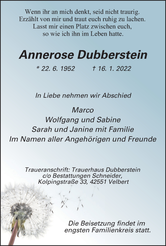  Traueranzeige für Annerose Dubberstein vom 22.01.2022 aus WVW/ORA
