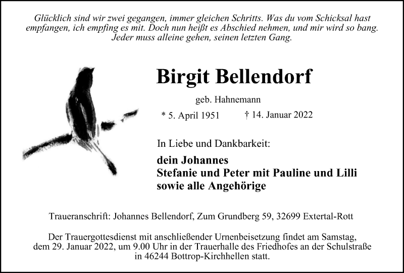  Traueranzeige für Birgit Bellendorf vom 22.01.2022 aus WVW/ORA