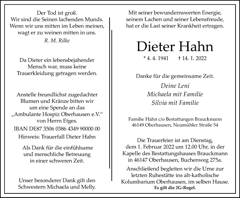  Traueranzeige für Dieter Hahn vom 22.01.2022 aus WVW/ORA