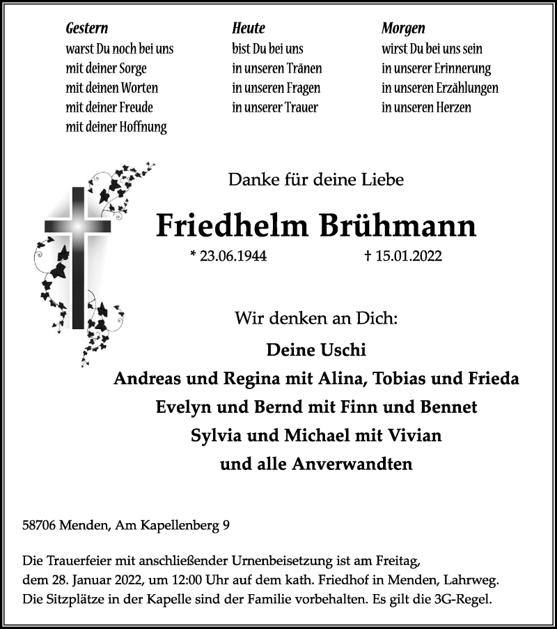  Traueranzeige für Friedhelm Brühmann vom 22.01.2022 aus WVW/ORA