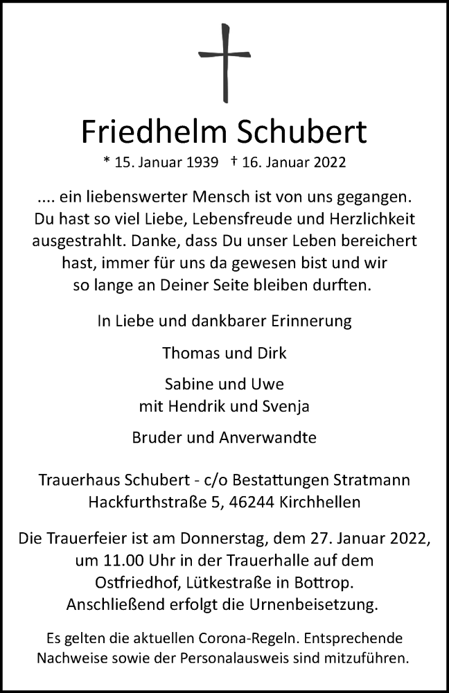  Traueranzeige für Friedhelm Schubert vom 22.01.2022 aus WVW/ORA