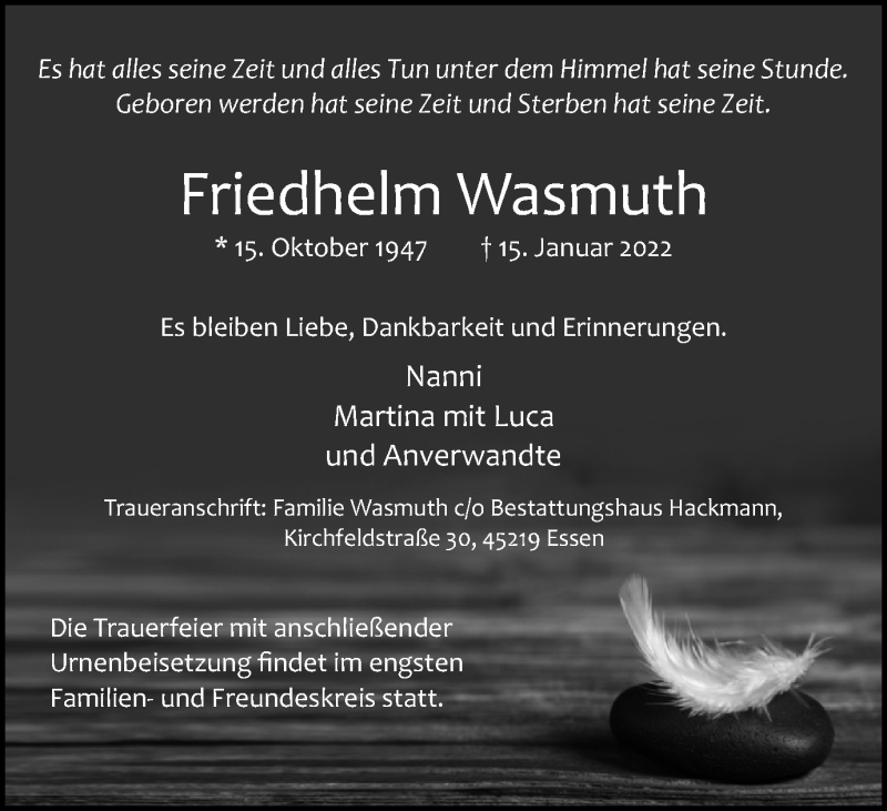  Traueranzeige für Friedhelm Wasmuth vom 22.01.2022 aus WVW/ORA