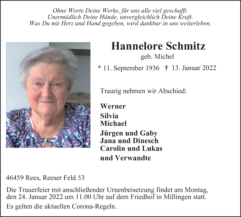  Traueranzeige für Hannelore Schmitz vom 22.01.2022 aus WVW/ORA
