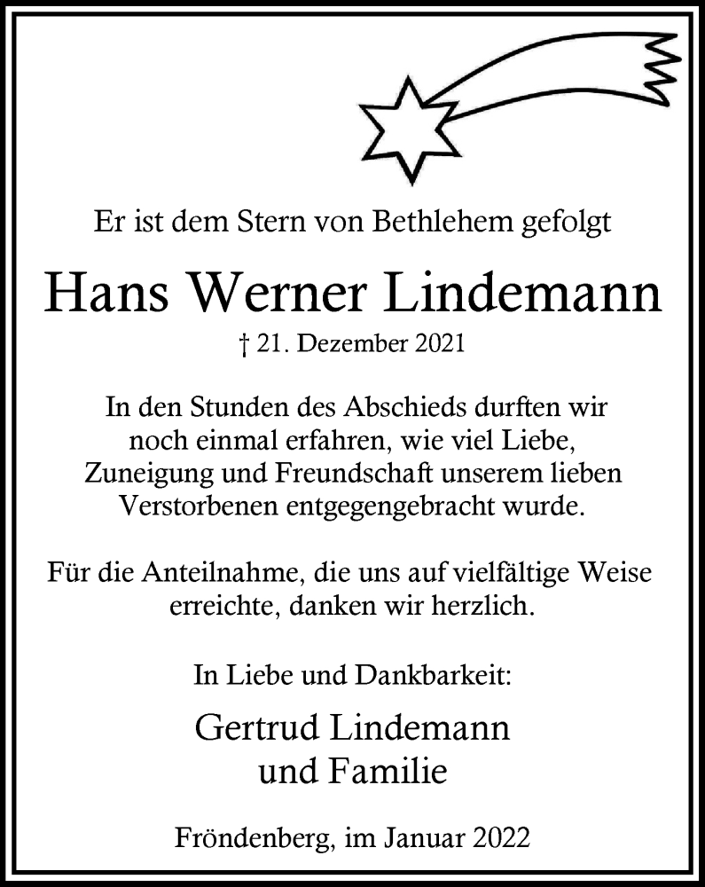  Traueranzeige für Hans Werner Lindemann vom 22.01.2022 aus WVW/ORA