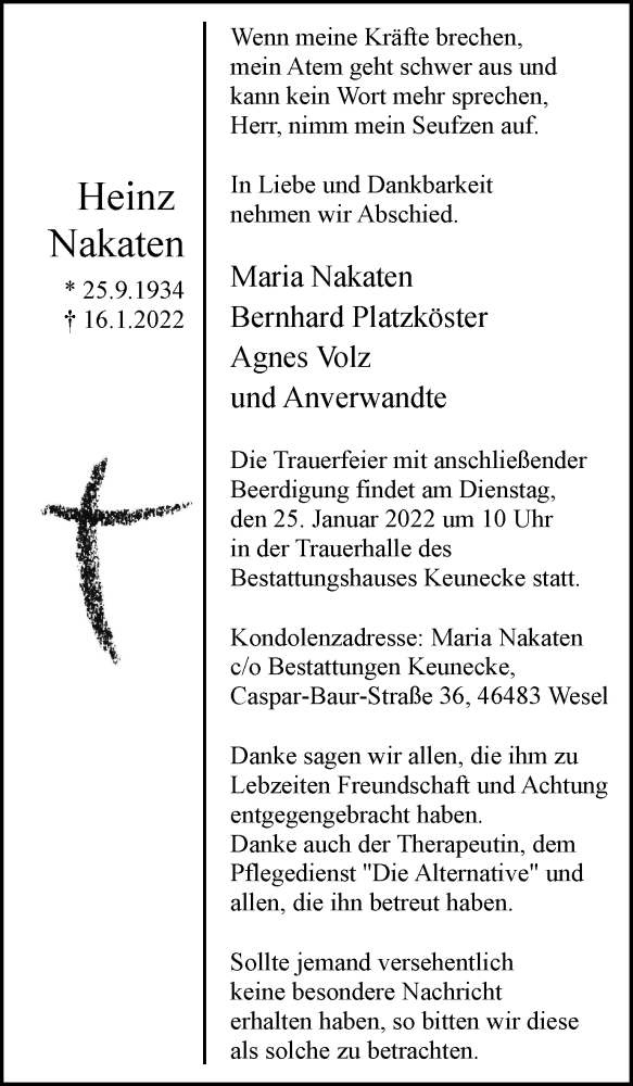  Traueranzeige für Heinz Nakaten vom 22.01.2022 aus WVW/ORA