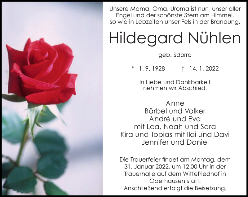  Traueranzeige für Hildegard Nühlen vom 22.01.2022 aus WVW/ORA