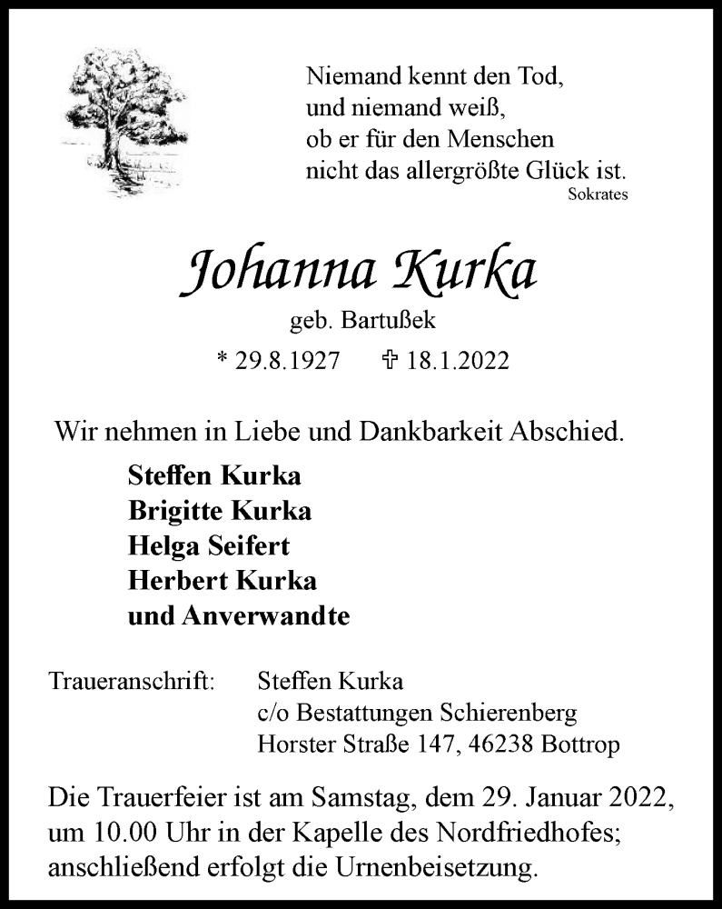  Traueranzeige für Johanna Kurka vom 22.01.2022 aus WVW/ORA