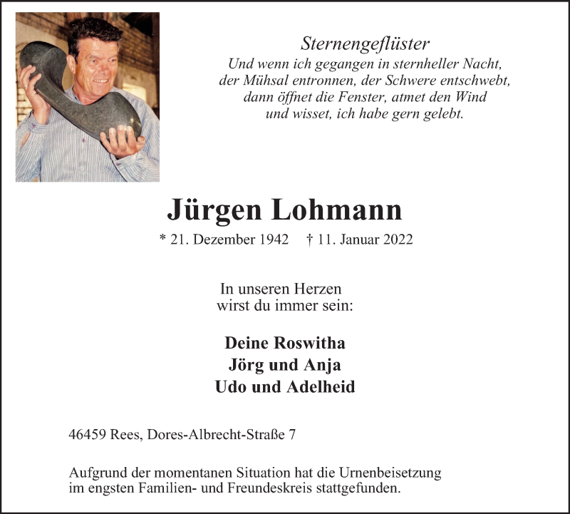  Traueranzeige für Jürgen Lohmann vom 22.01.2022 aus WVW/ORA