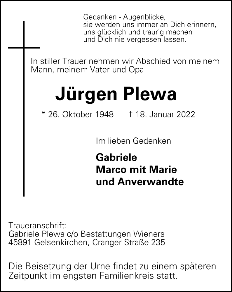  Traueranzeige für Jürgen Plewa vom 22.01.2022 aus WVW/ORA