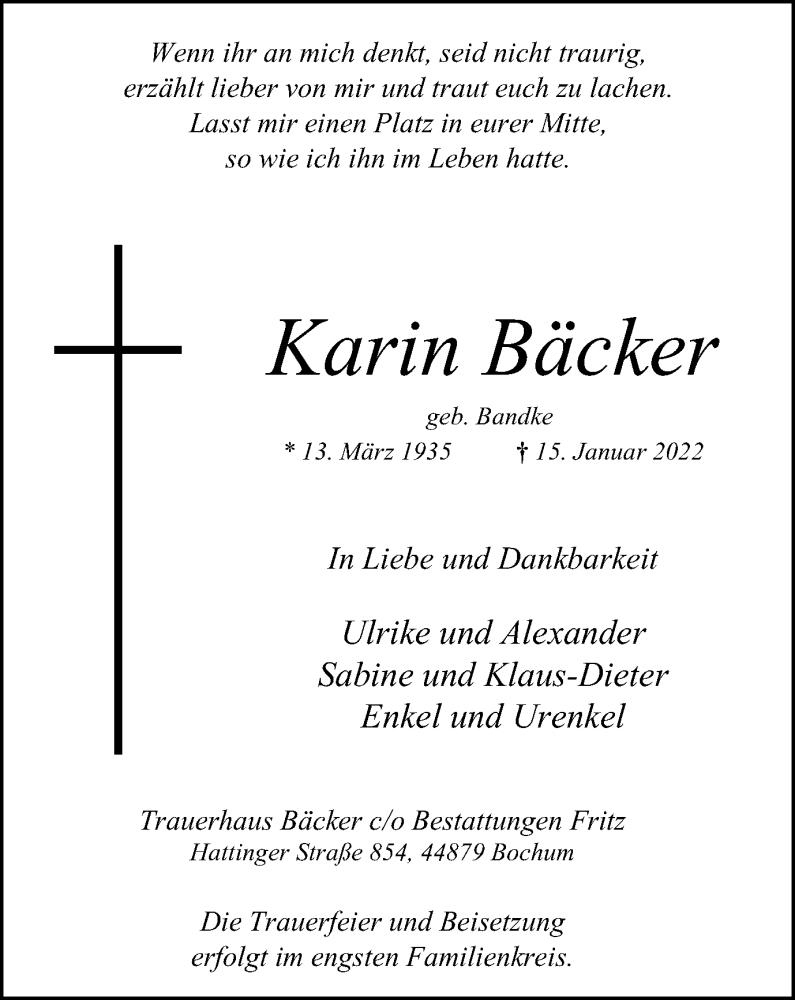  Traueranzeige für Karin Bäcker vom 22.01.2022 aus WVW/ORA