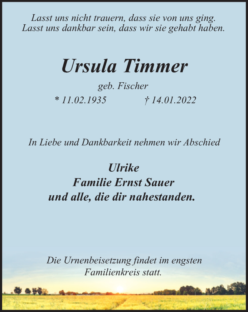  Traueranzeige für Ursula Timmer vom 22.01.2022 aus WVW/ORA