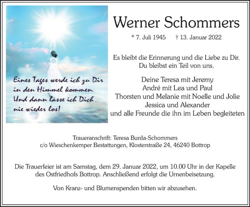 Traueranzeige für Werner Schommers vom 22.01.2022 aus WVW/ORA