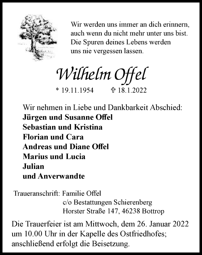  Traueranzeige für Wilhelm Offel vom 22.01.2022 aus WVW/ORA