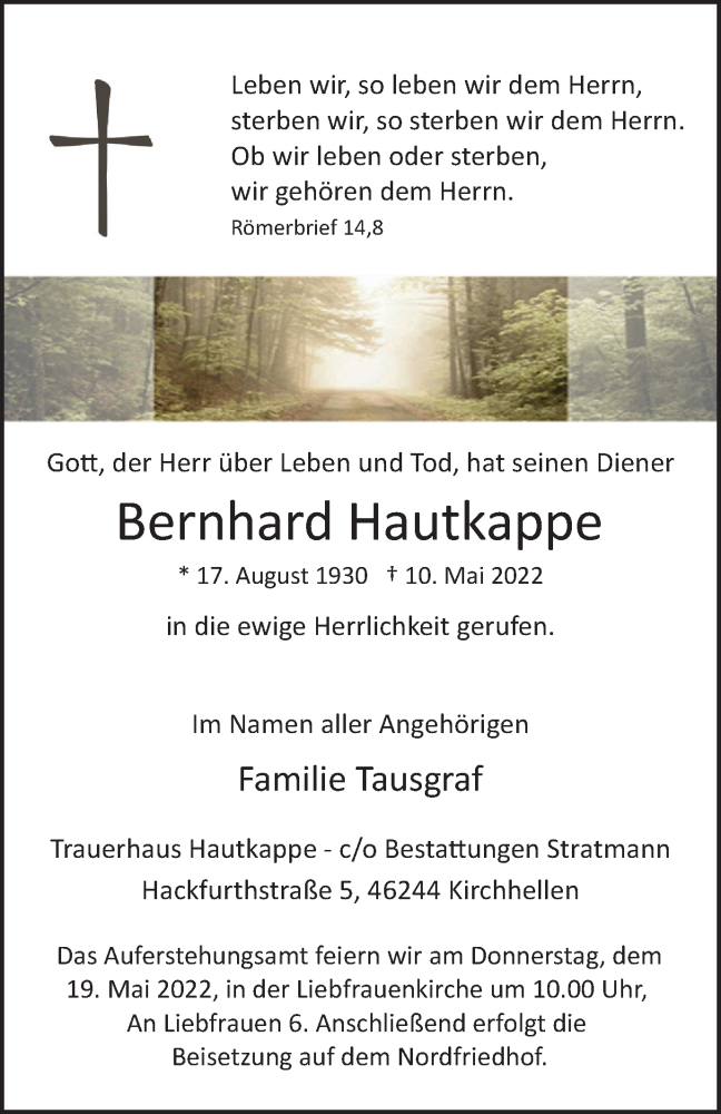  Traueranzeige für Bernhard Hautkappe vom 14.05.2022 aus WVW/ORA
