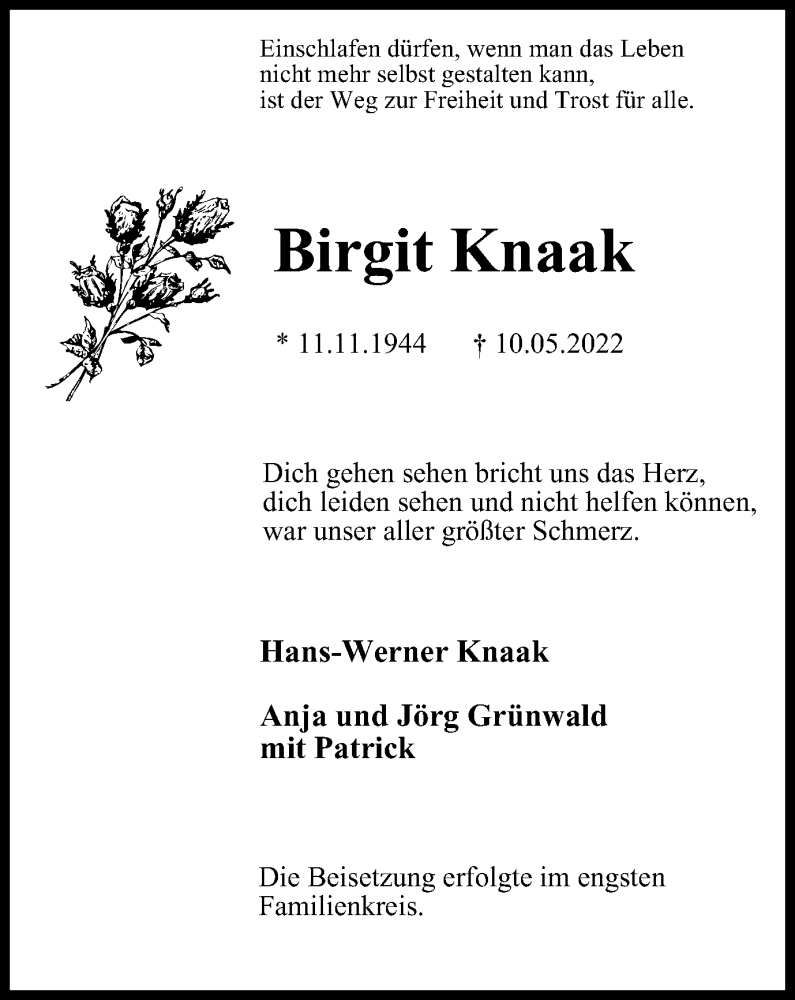 Traueranzeige für Birgit Knaak vom 14.05.2022 aus WVW/ORA