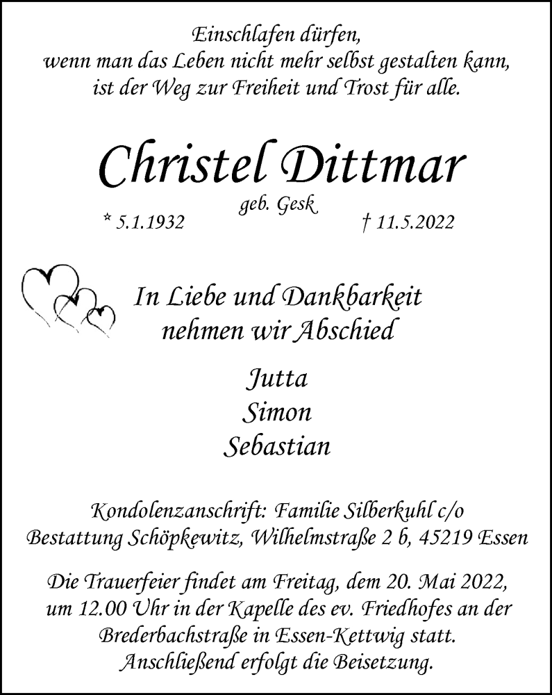  Traueranzeige für Christel Dittmar vom 14.05.2022 aus WVW/ORA